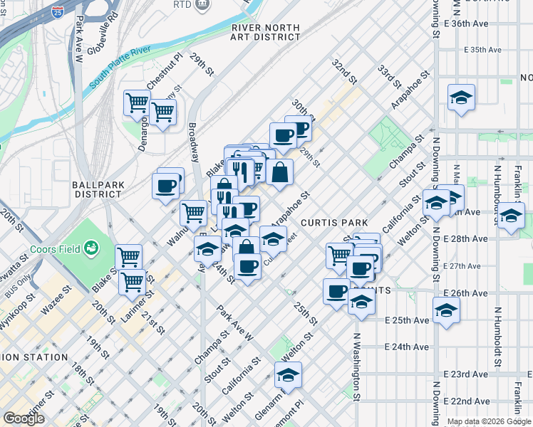 map of restaurants, bars, coffee shops, grocery stores, and more near 1101 26th Street in Denver