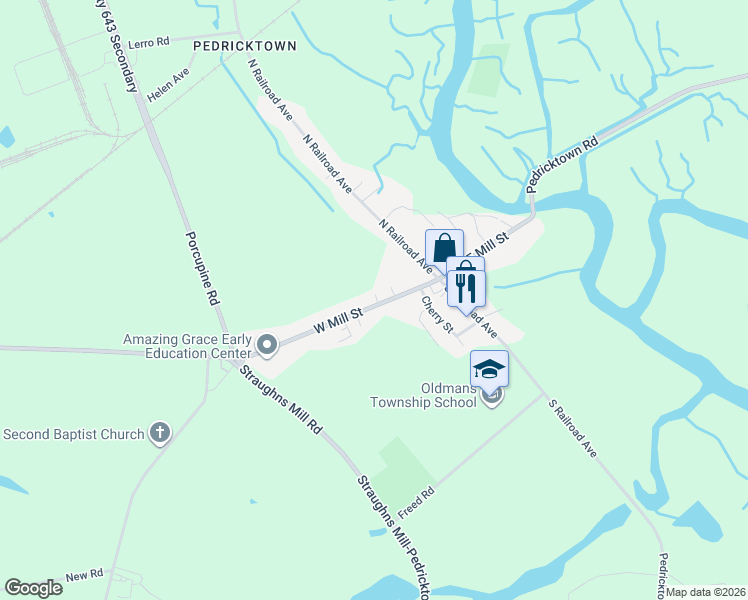 map of restaurants, bars, coffee shops, grocery stores, and more near 38 West Mill Street in Pedricktown