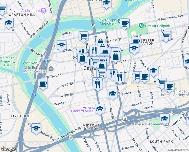 map of restaurants, bars, coffee shops, grocery stores, and more near 42 South Ludlow Street in Dayton