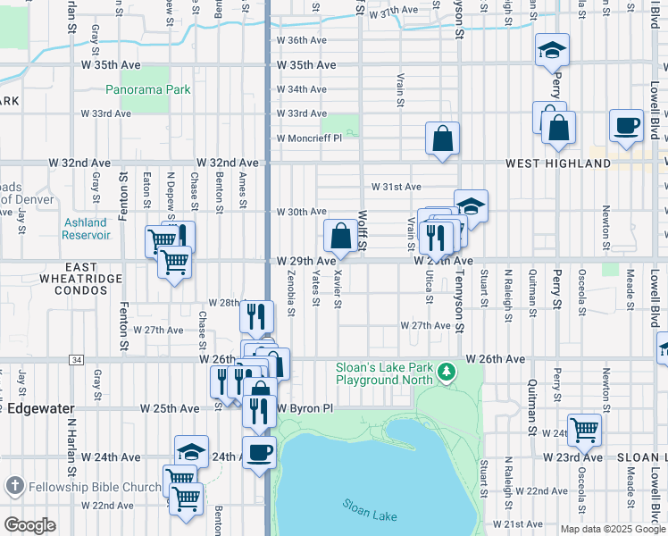 map of restaurants, bars, coffee shops, grocery stores, and more near 4900 West 29th Avenue in Denver