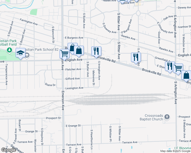 map of restaurants, bars, coffee shops, grocery stores, and more near 625 Melvenia Street in Indianapolis
