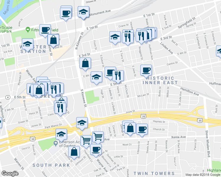 map of restaurants, bars, coffee shops, grocery stores, and more near 8 Labelle Street in Dayton