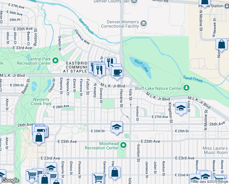 map of restaurants, bars, coffee shops, grocery stores, and more near 10459 28th Place in Denver