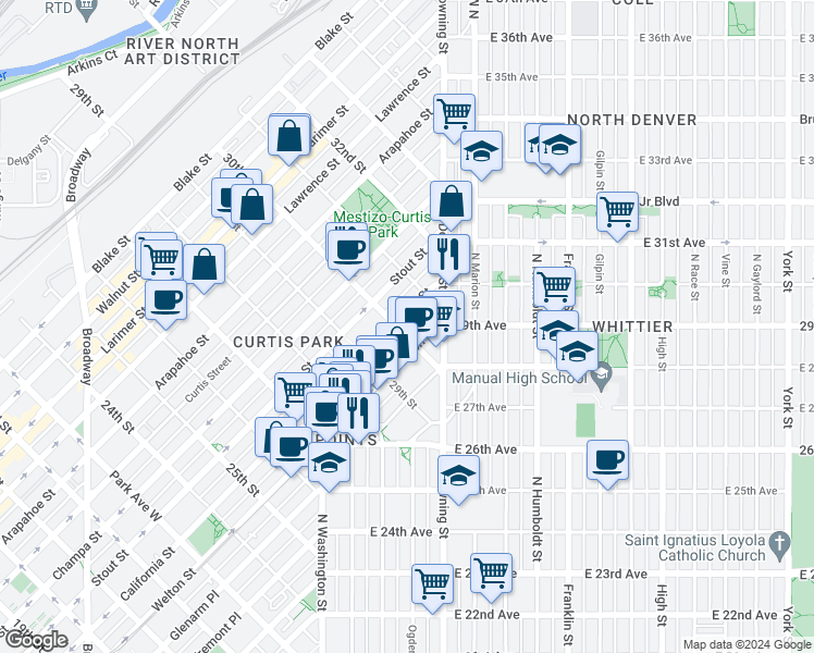 map of restaurants, bars, coffee shops, grocery stores, and more near 2962 Welton Street in Denver