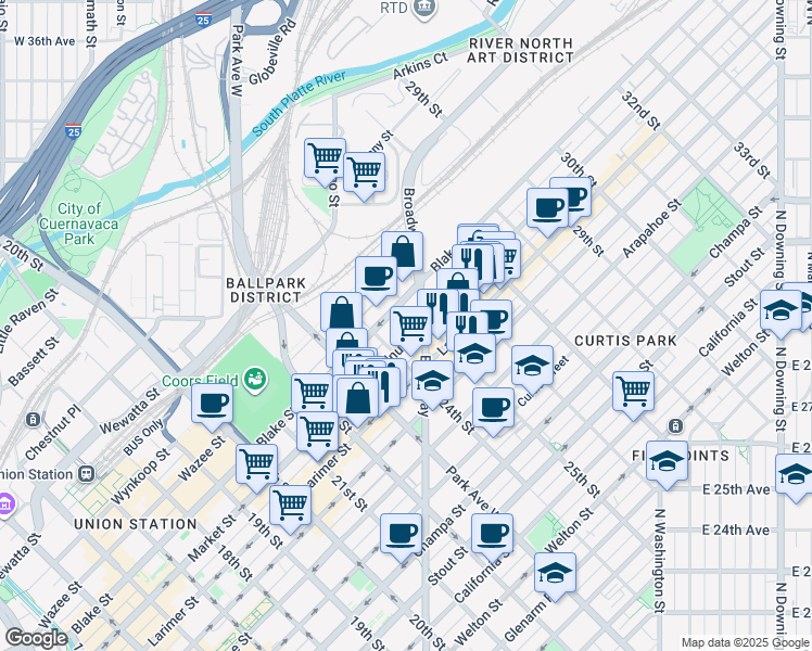 map of restaurants, bars, coffee shops, grocery stores, and more near 2441 Broadway in Denver