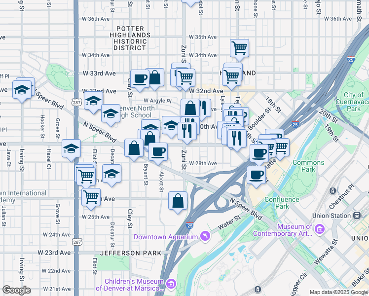 map of restaurants, bars, coffee shops, grocery stores, and more near 2777 Zuni Street in Denver