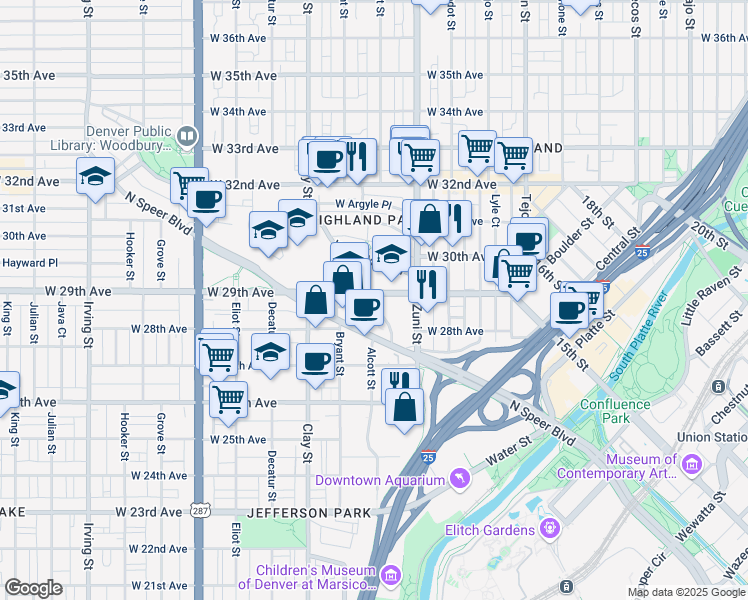 map of restaurants, bars, coffee shops, grocery stores, and more near 2794 Speer Boulevard in Denver