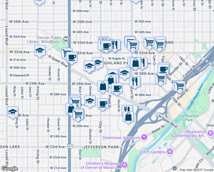 map of restaurants, bars, coffee shops, grocery stores, and more near 2825 Speer Boulevard in Denver