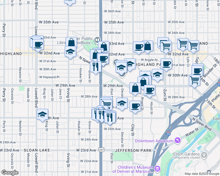 map of restaurants, bars, coffee shops, grocery stores, and more near 2913 West 28th Avenue in Denver