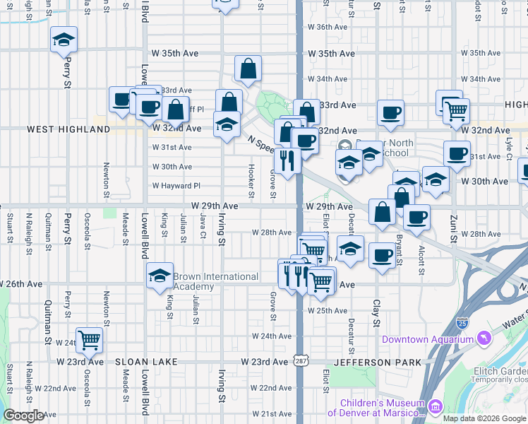 map of restaurants, bars, coffee shops, grocery stores, and more near 3115 West 28th Avenue in Denver