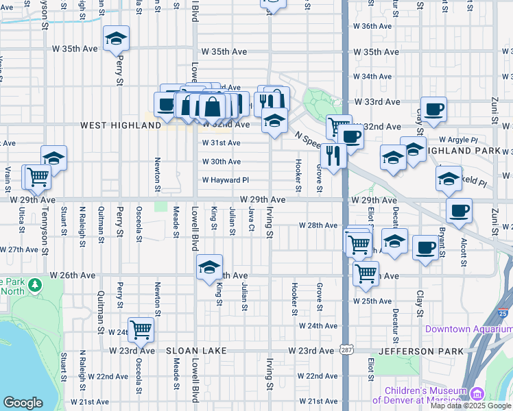 map of restaurants, bars, coffee shops, grocery stores, and more near 2743 Java Court in Denver