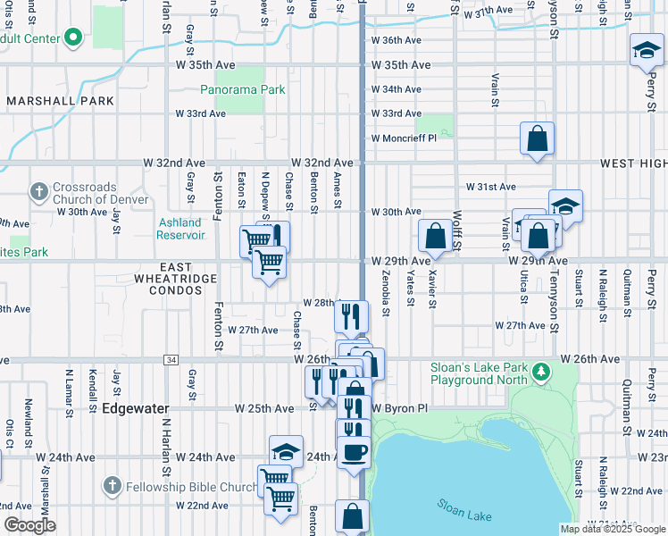 map of restaurants, bars, coffee shops, grocery stores, and more near 2820 Ames Street in Wheat Ridge