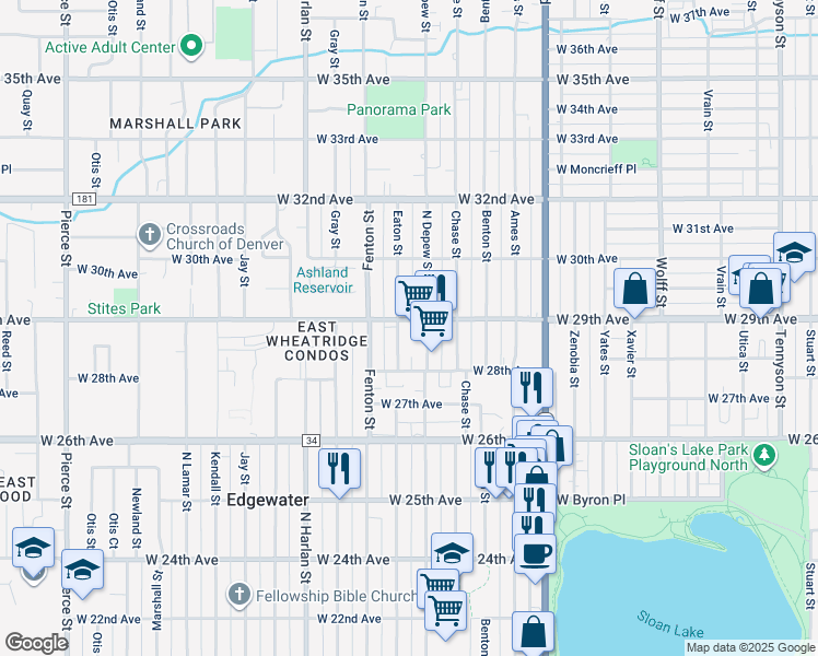 map of restaurants, bars, coffee shops, grocery stores, and more near 2845 Depew Street in Wheat Ridge