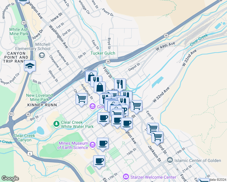 map of restaurants, bars, coffee shops, grocery stores, and more near in Golden