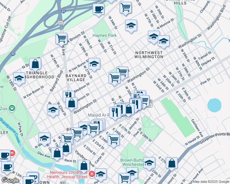 map of restaurants, bars, coffee shops, grocery stores, and more near 207 West 28th Street in Wilmington