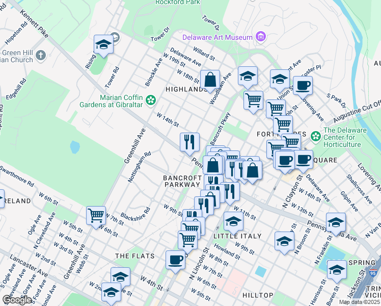 map of restaurants, bars, coffee shops, grocery stores, and more near 1112 Woodlawn Avenue in Wilmington