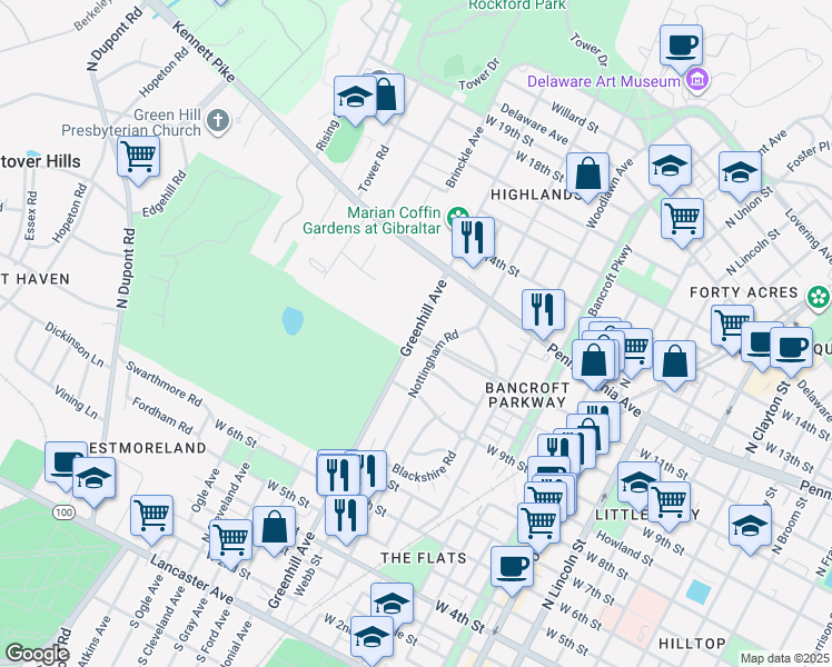 map of restaurants, bars, coffee shops, grocery stores, and more near 908 Greenhill Avenue in Wilmington