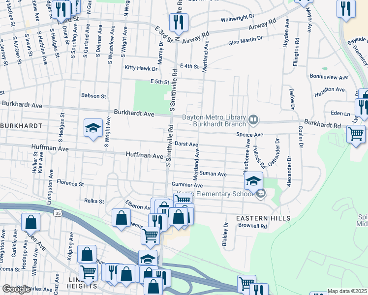 map of restaurants, bars, coffee shops, grocery stores, and more near 1665 Huffman Avenue in Dayton