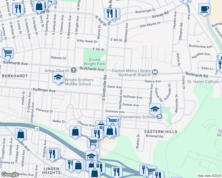 map of restaurants, bars, coffee shops, grocery stores, and more near in Dayton