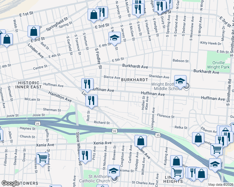 map of restaurants, bars, coffee shops, grocery stores, and more near 200 Davis Avenue in Dayton