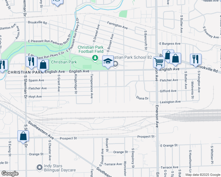 map of restaurants, bars, coffee shops, grocery stores, and more near 736 South Bosart Avenue in Indianapolis