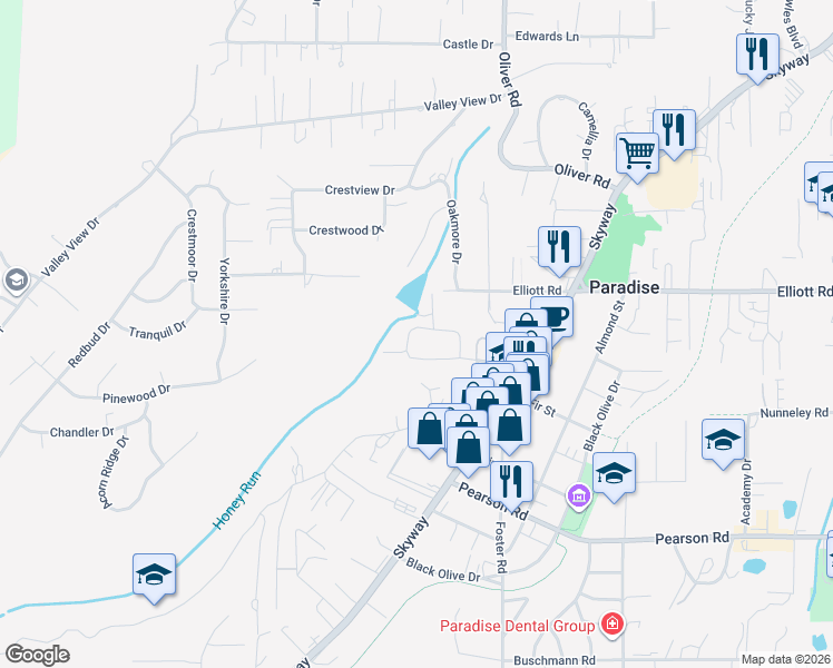 map of restaurants, bars, coffee shops, grocery stores, and more near 525 Boquest Boulevard in Paradise