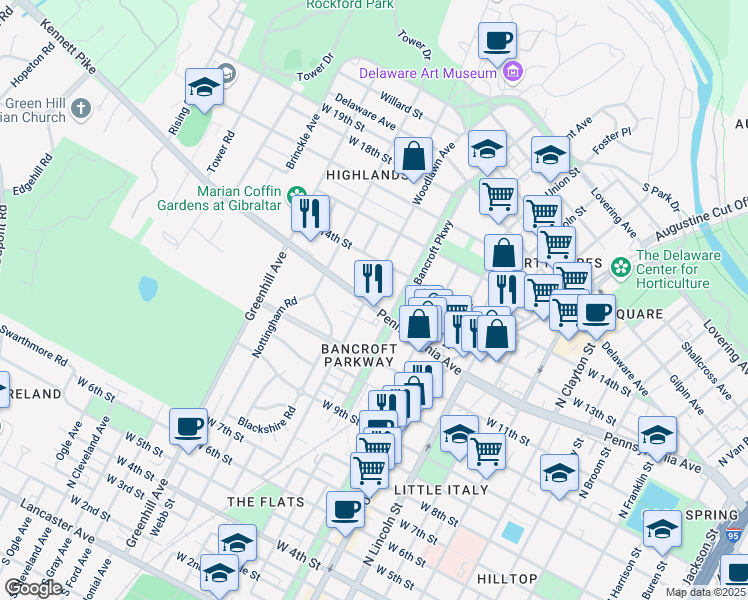 map of restaurants, bars, coffee shops, grocery stores, and more near 1112 Woodlawn Avenue in Wilmington