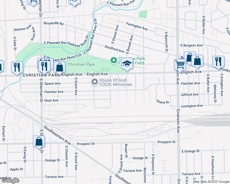 map of restaurants, bars, coffee shops, grocery stores, and more near 4519 Fletcher Avenue in Indianapolis