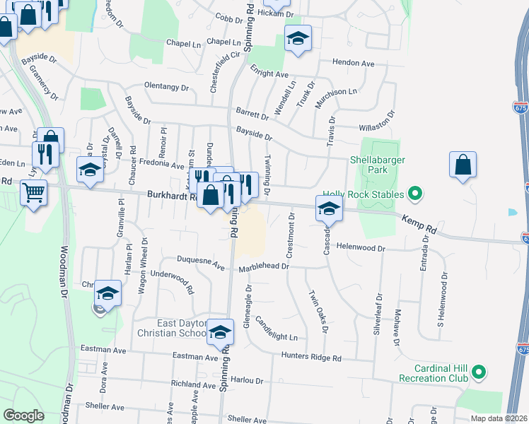 map of restaurants, bars, coffee shops, grocery stores, and more near 5580 Burkhardt Road in Dayton