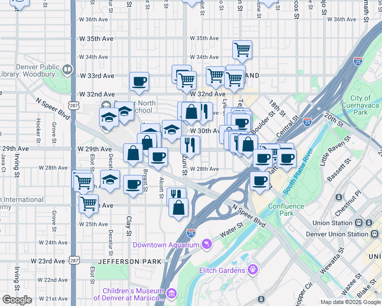 map of restaurants, bars, coffee shops, grocery stores, and more near 2826 Zuni Street in Denver