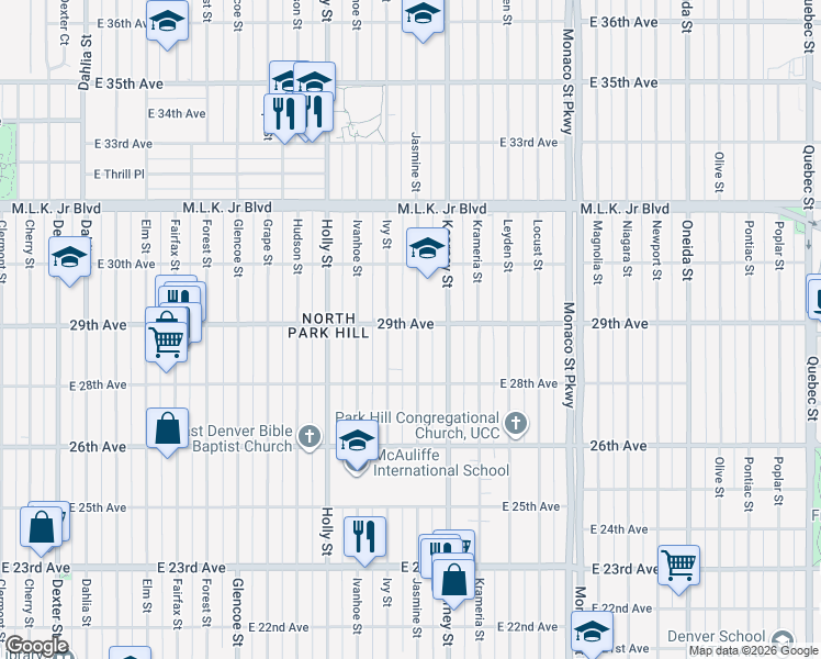 map of restaurants, bars, coffee shops, grocery stores, and more near 2851 Jasmine Street in Denver