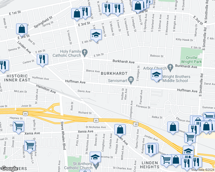 map of restaurants, bars, coffee shops, grocery stores, and more near 926 Huffman Avenue in Dayton