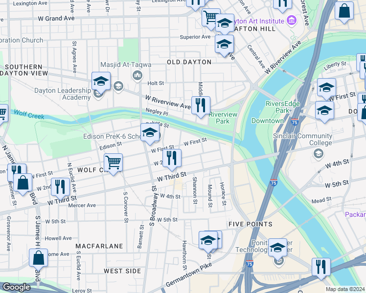 map of restaurants, bars, coffee shops, grocery stores, and more near 132 North Williams Street in Dayton