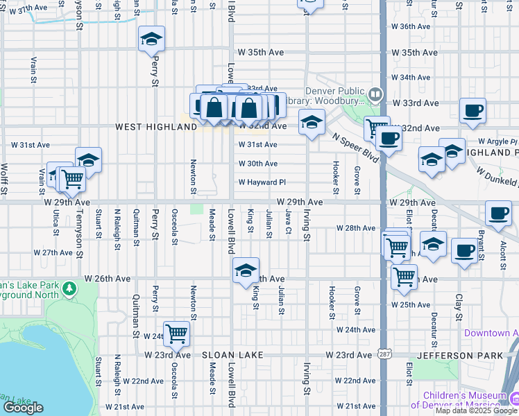map of restaurants, bars, coffee shops, grocery stores, and more near 2744 King Street in Denver