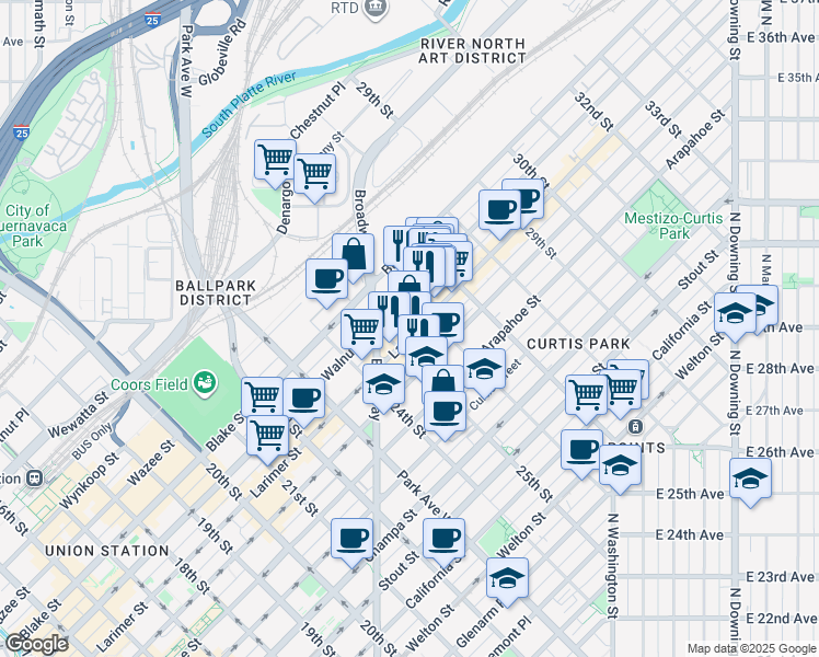 map of restaurants, bars, coffee shops, grocery stores, and more near 2527 Larimer Street in Denver