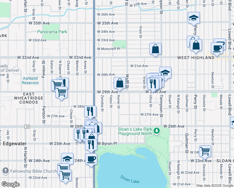 map of restaurants, bars, coffee shops, grocery stores, and more near 4900 West 29th Avenue in Denver