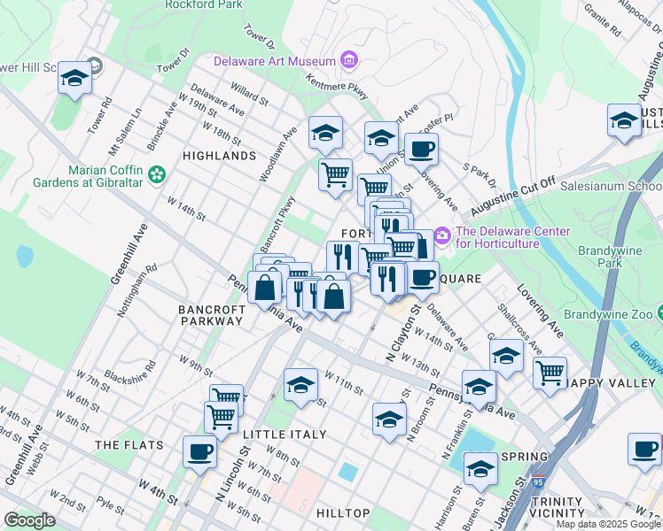 map of restaurants, bars, coffee shops, grocery stores, and more near 1420 Stapler Place in Wilmington