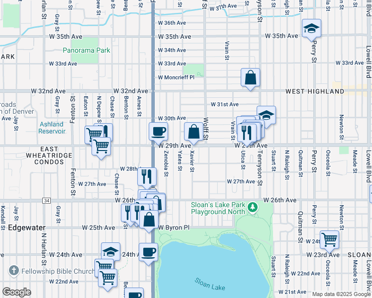 map of restaurants, bars, coffee shops, grocery stores, and more near 2801 Yates Street in Denver