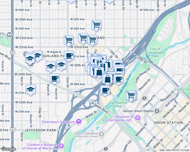 map of restaurants, bars, coffee shops, grocery stores, and more near 2103 West 28th Avenue in Denver