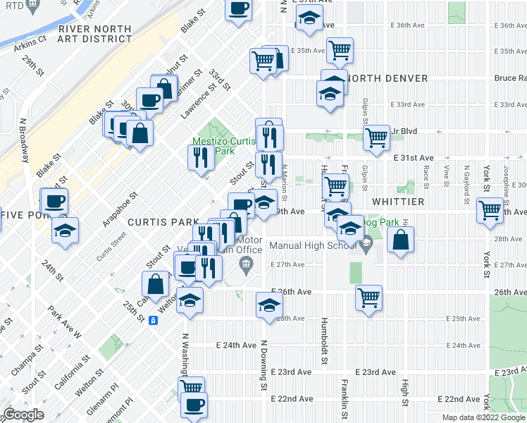 map of restaurants, bars, coffee shops, grocery stores, and more near Downing St & Welton St in Denver