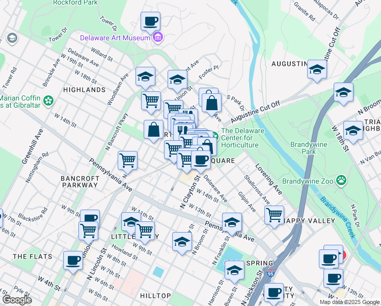 map of restaurants, bars, coffee shops, grocery stores, and more near 1701 Delaware Avenue in Wilmington