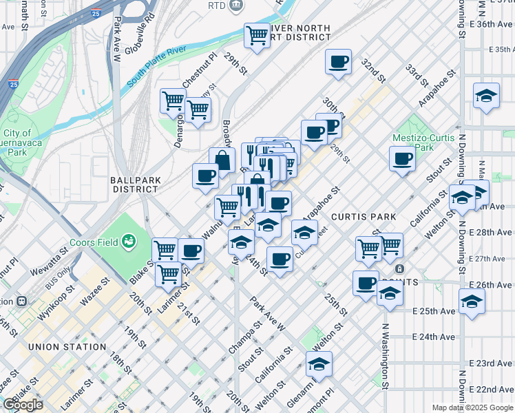map of restaurants, bars, coffee shops, grocery stores, and more near 2527 Larimer Street in Denver