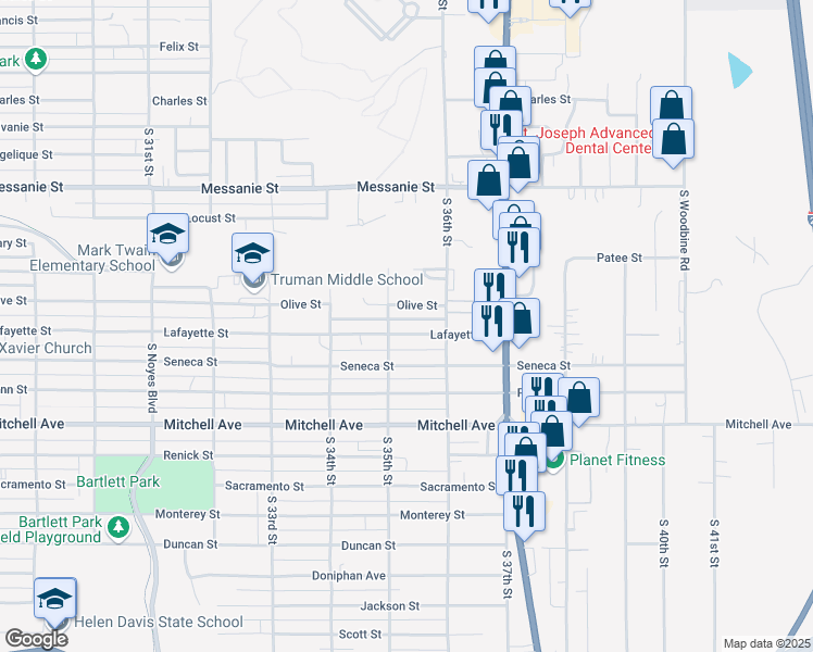 map of restaurants, bars, coffee shops, grocery stores, and more near 3507 Lafayette Street in Saint Joseph