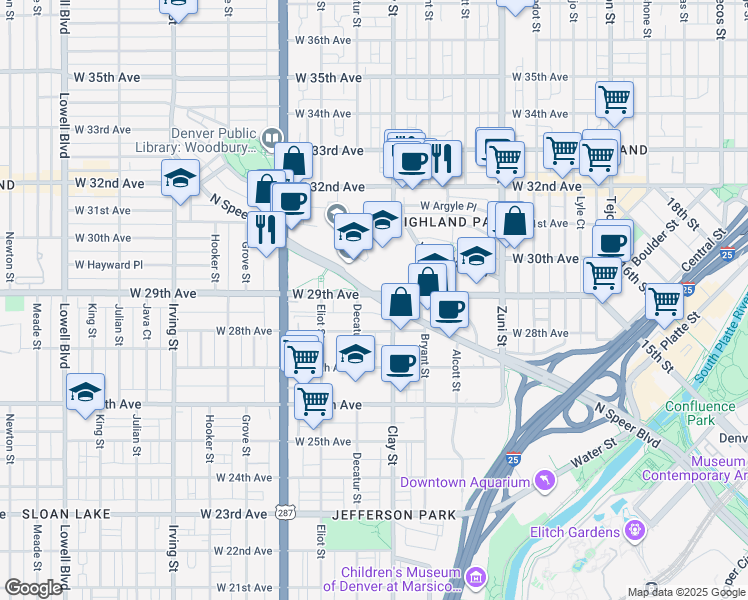map of restaurants, bars, coffee shops, grocery stores, and more near 2899 North Speer Boulevard in Denver