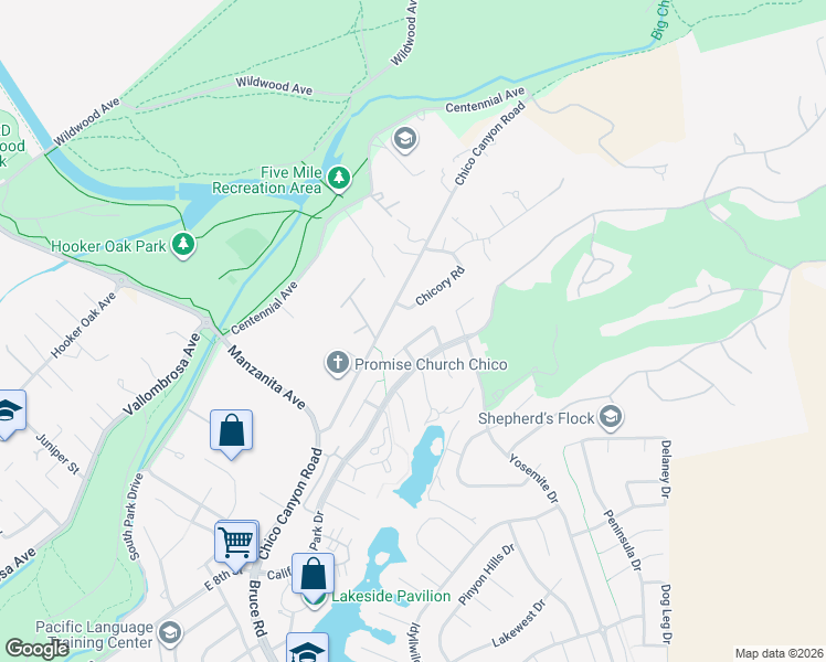 map of restaurants, bars, coffee shops, grocery stores, and more near 38 Chicory Road in Chico