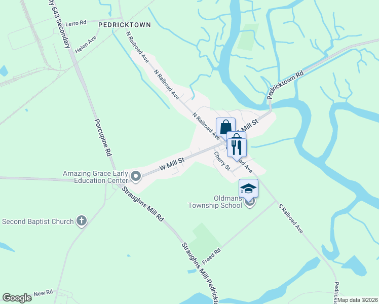 map of restaurants, bars, coffee shops, grocery stores, and more near 38 W Mill St in Pedricktown