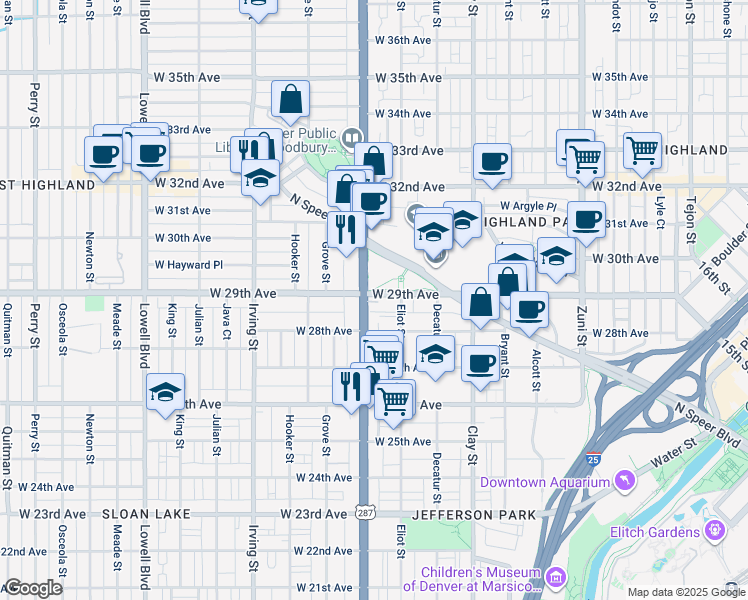 map of restaurants, bars, coffee shops, grocery stores, and more near in Denver