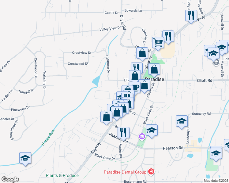 map of restaurants, bars, coffee shops, grocery stores, and more near 605 Boquest Boulevard in Paradise