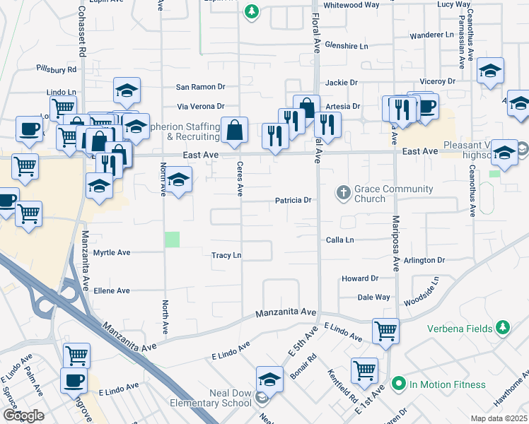 map of restaurants, bars, coffee shops, grocery stores, and more near 3 Sandra Circle in Chico