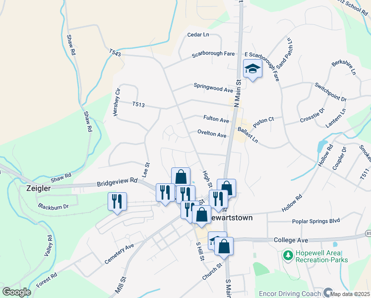 map of restaurants, bars, coffee shops, grocery stores, and more near 3 Cloverfield Street in Stewartstown